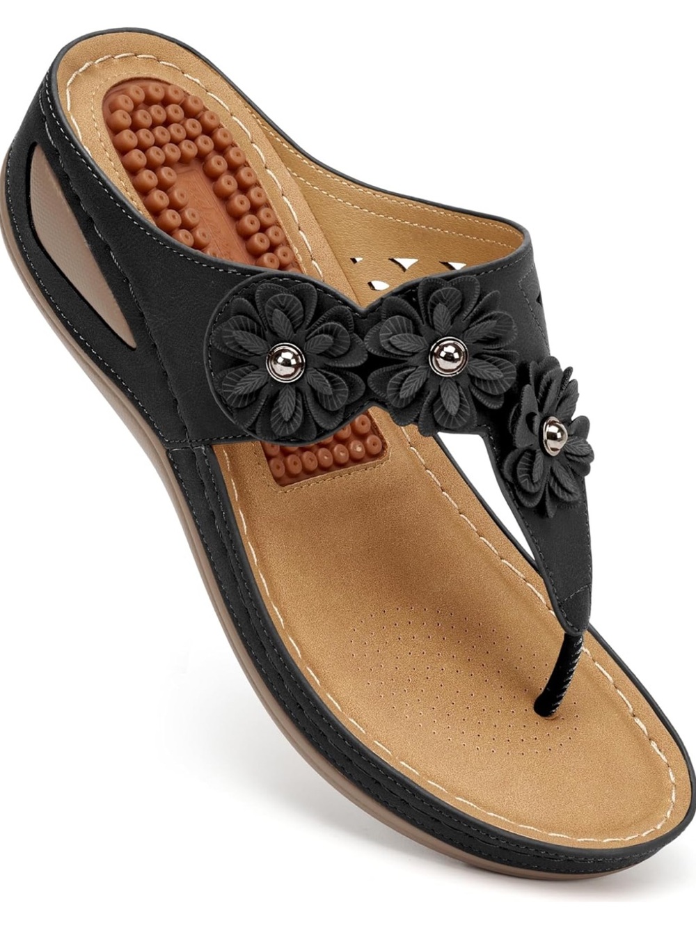 Fudinmale Size 40.5 Women’s Black Floral Wedge Thong Sandals